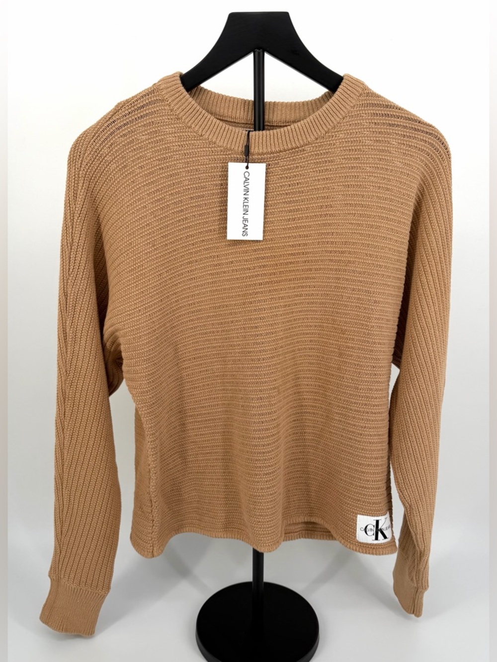 Calvin Klein Jeans Womens Sweater Beige Knit Cotton Crewneck Logo S NWT